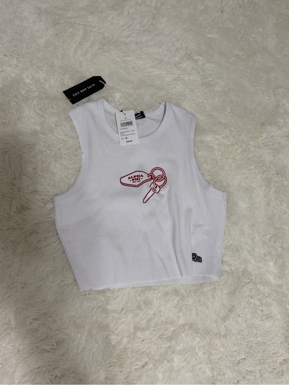 Hype and Vice Alpha Phi White Cropped Tank with Red Keychain Embroidery